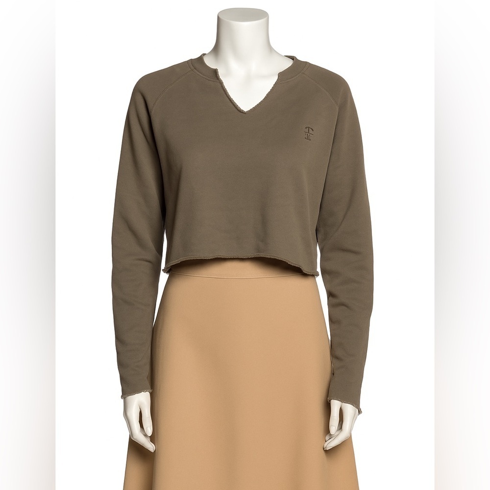 Éterne Cropped Sweatshirt M – Raw Hem, Soft Cotton Modal, Green